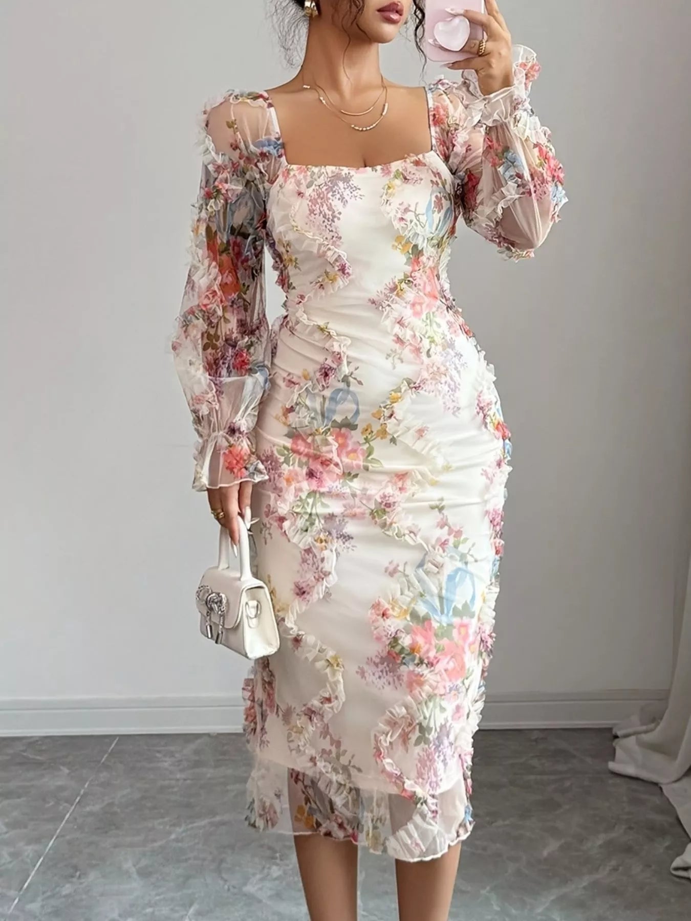 Floral Print Flounce Sleeve Bodycon Midi Dress – Vogue Vista
