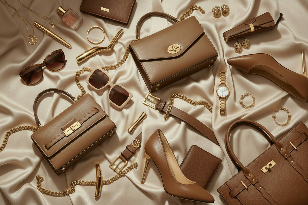 A luxury fashion banner for a designer brand called Vogue Vista, featuring high-end handbags, sunglasses, belts and wallets arranged on silk fabric with gold accents, soft studio lighting, beige and champagne tones, elegant lifestyle aesthetic, space for text, wide banner composition, ultra-realistic, editorial fashion style.