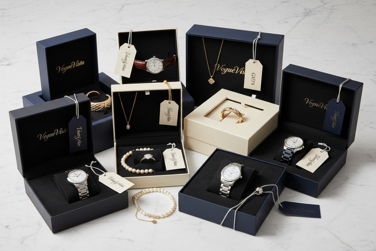 add more watches and jewelry in boxes shown that have tags sticking out of them that say Vogue Vista or Gifts  