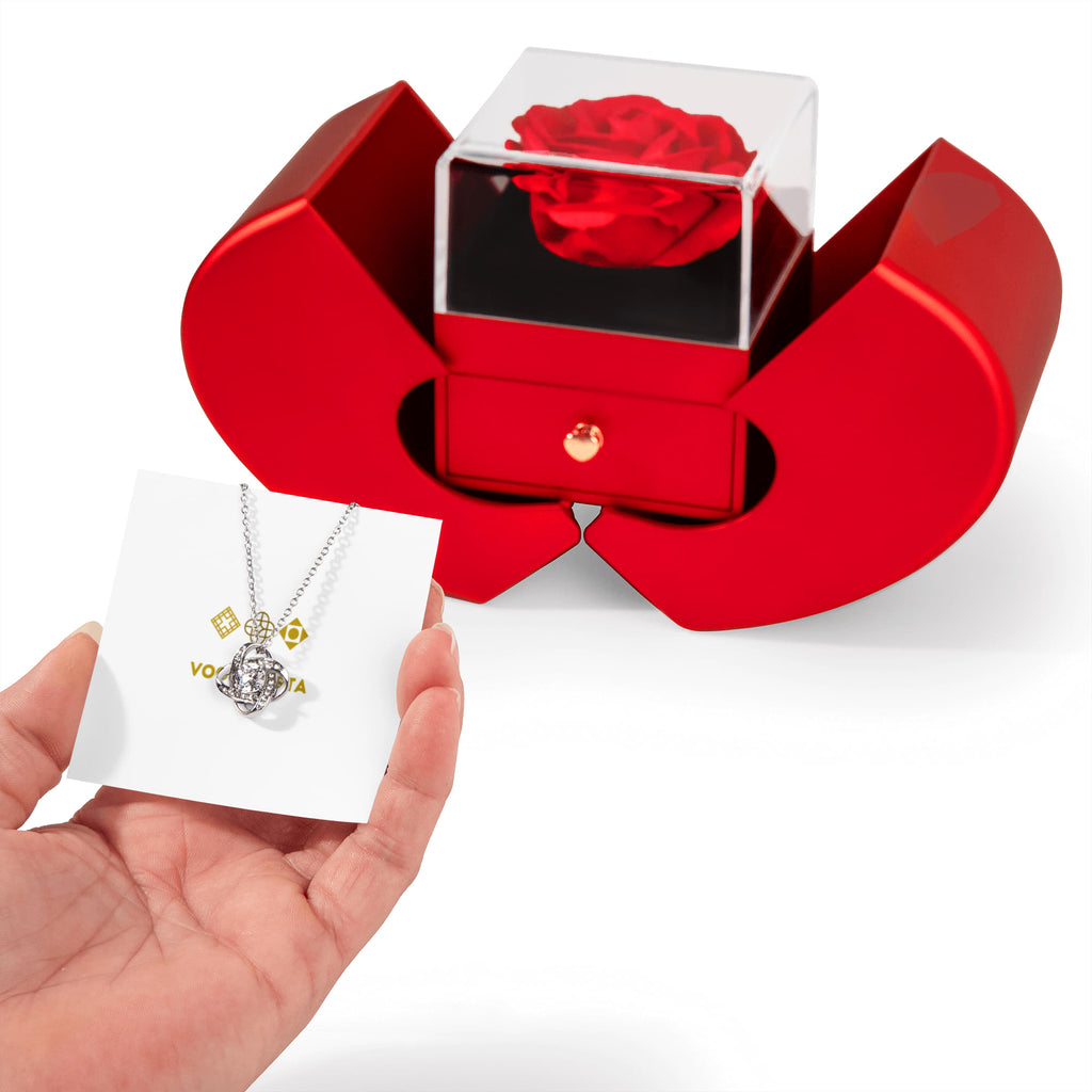 Love Knot Necklace with Red Heart Rose Box