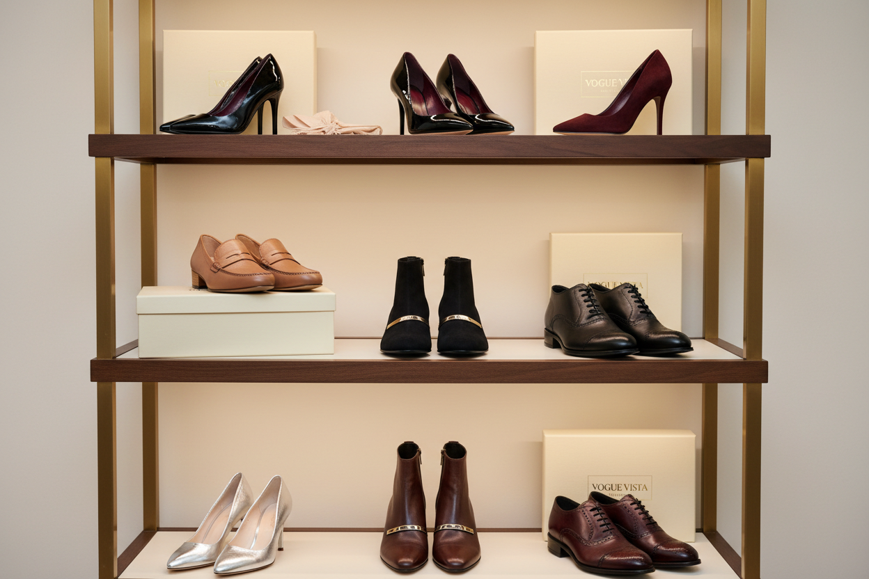 Make a image of a bunch of shoes that have the Luxury style with the brand Vogue Vista